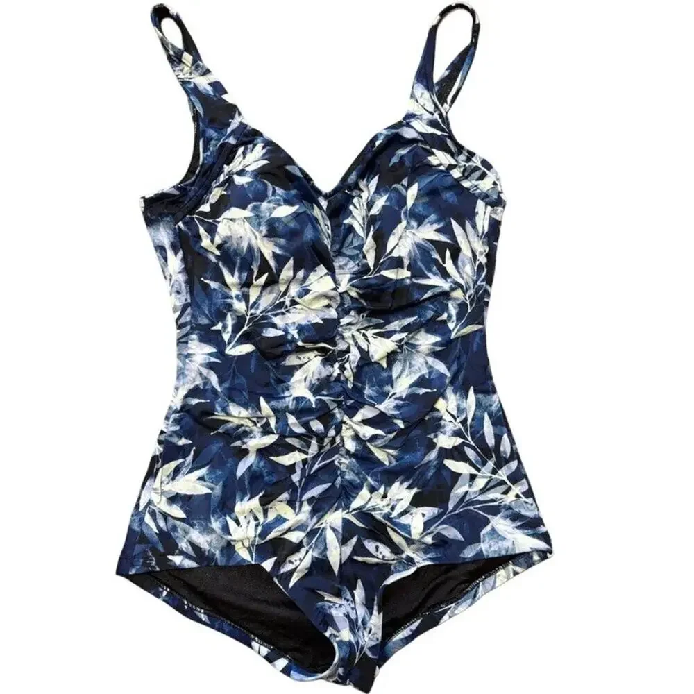 MAXINE OF HOLLYWOOD Shirred Front Girl Leg One Piece Swimsuit Blue Tropics SZ 16
